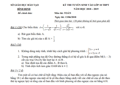 Đề thi tuyển sinh lớp 10 môn toán năm 2018
